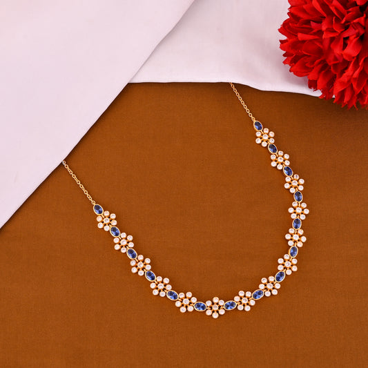 925 Silver Gold Plated Necklace with Blue Sapphire and Cubic Zirconia Floral Design