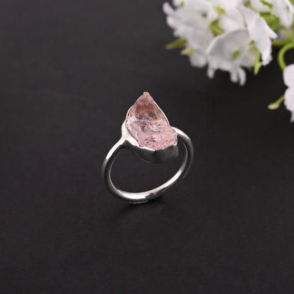 Handmade Natural Raw Morganite Crystal Ring, 925 Sterling Silver Ring, Raw Crystal Ring, Silver Gemstone Ring, Gift For Her