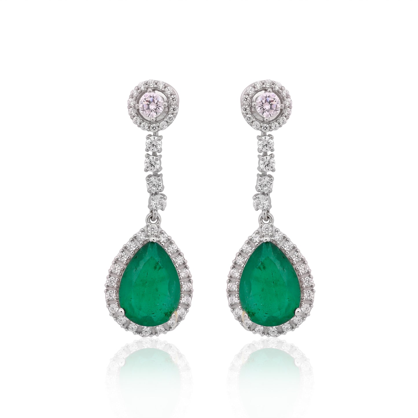 925 Silver Pear Cut Green Emerald Drop Earrings with CZ Halo | Elegant Gemstone Dangle Earrings | Fine Jewelry Gift for Women