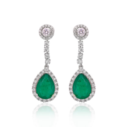 925 Silver Pear Cut Green Emerald Drop Earrings with CZ Halo | Elegant Gemstone Dangle Earrings | Fine Jewelry Gift for Women