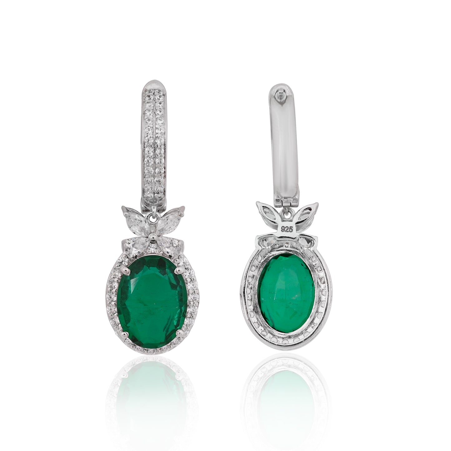 925 Silver Oval Green Emerald Drop Earrings with CZ Accents | Elegant Gemstone Dangle Earrings | Fine Jewelry Gift for Women