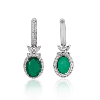 925 Silver Oval Green Emerald Drop Earrings with CZ Accents | Elegant Gemstone Dangle Earrings | Fine Jewelry Gift for Women