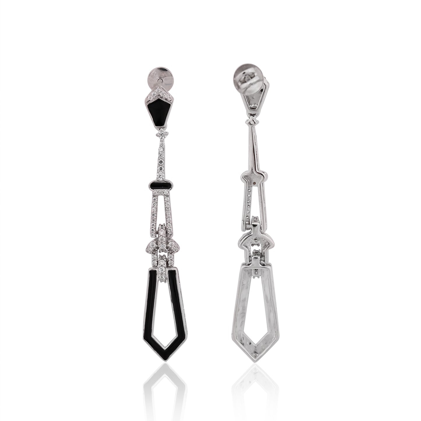 925 Silver Black Enamel & CZ Long Drop Earrings – Vintage-Inspired Statement Jewelry