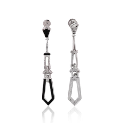 925 Silver Black Enamel & CZ Long Drop Earrings – Vintage-Inspired Statement Jewelry