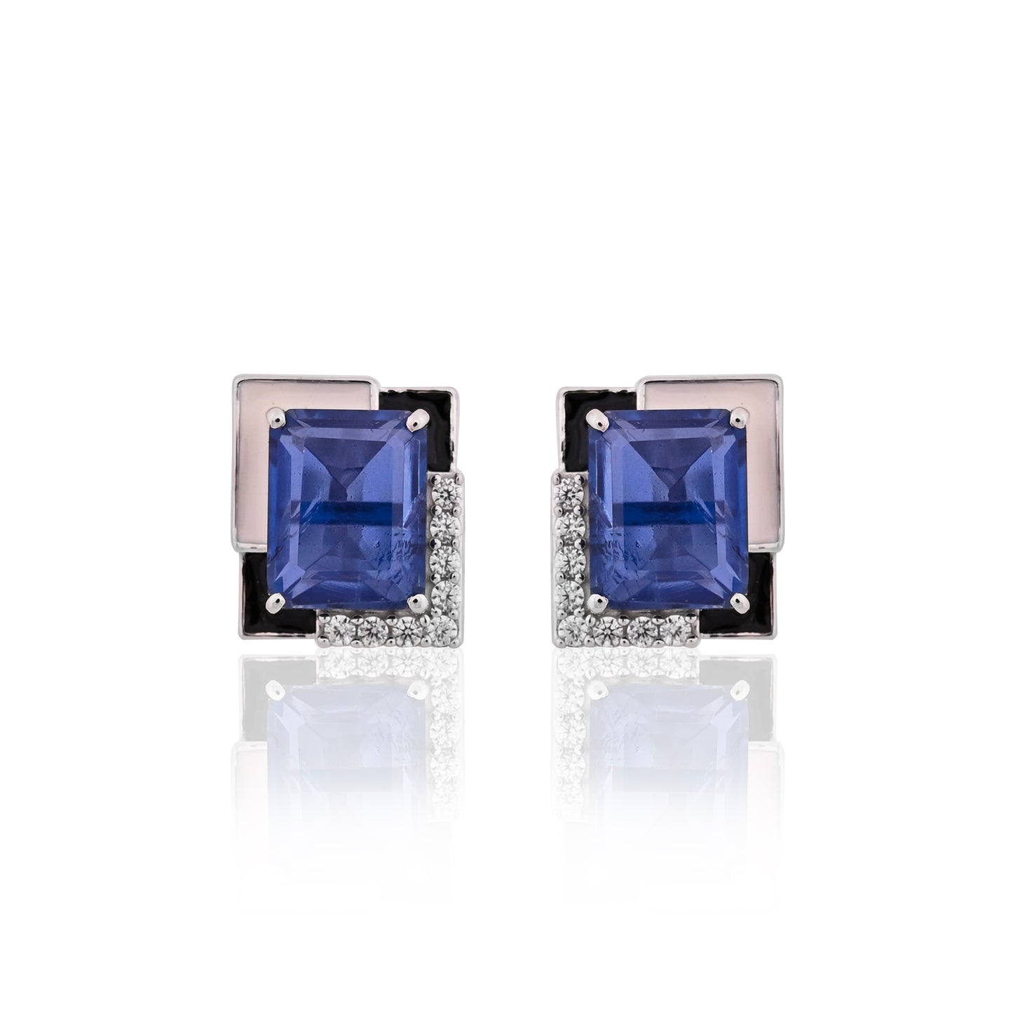 925 Silver Blue Sapphire Doublet Stud Earrings | Geometric Design with Black Enamel & CZ | Elegant Sterling Silver Gemstone Jewelry