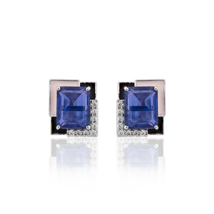 925 Silver Blue Sapphire Doublet Stud Earrings | Geometric Design with Black Enamel & CZ | Elegant Sterling Silver Gemstone Jewelry