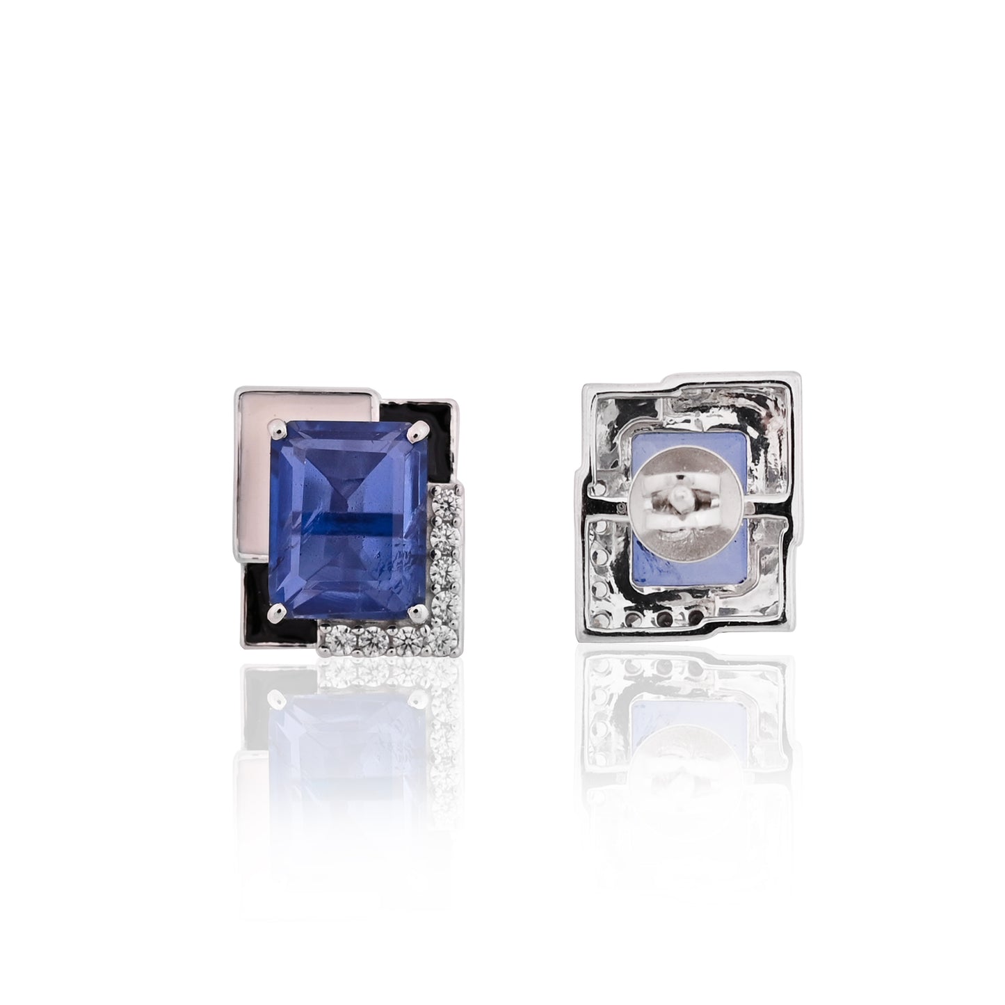 925 Silver Blue Sapphire Doublet Stud Earrings | Geometric Design with Black Enamel & CZ | Elegant Sterling Silver Gemstone Jewelry