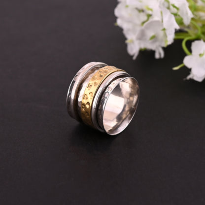 925 Sterling silver Ring, Handmade Spinner Ring, Two Tone Ring, Textured Ring, Wide Band ring With Gold Tone, Thumb Ring For Men or Women
