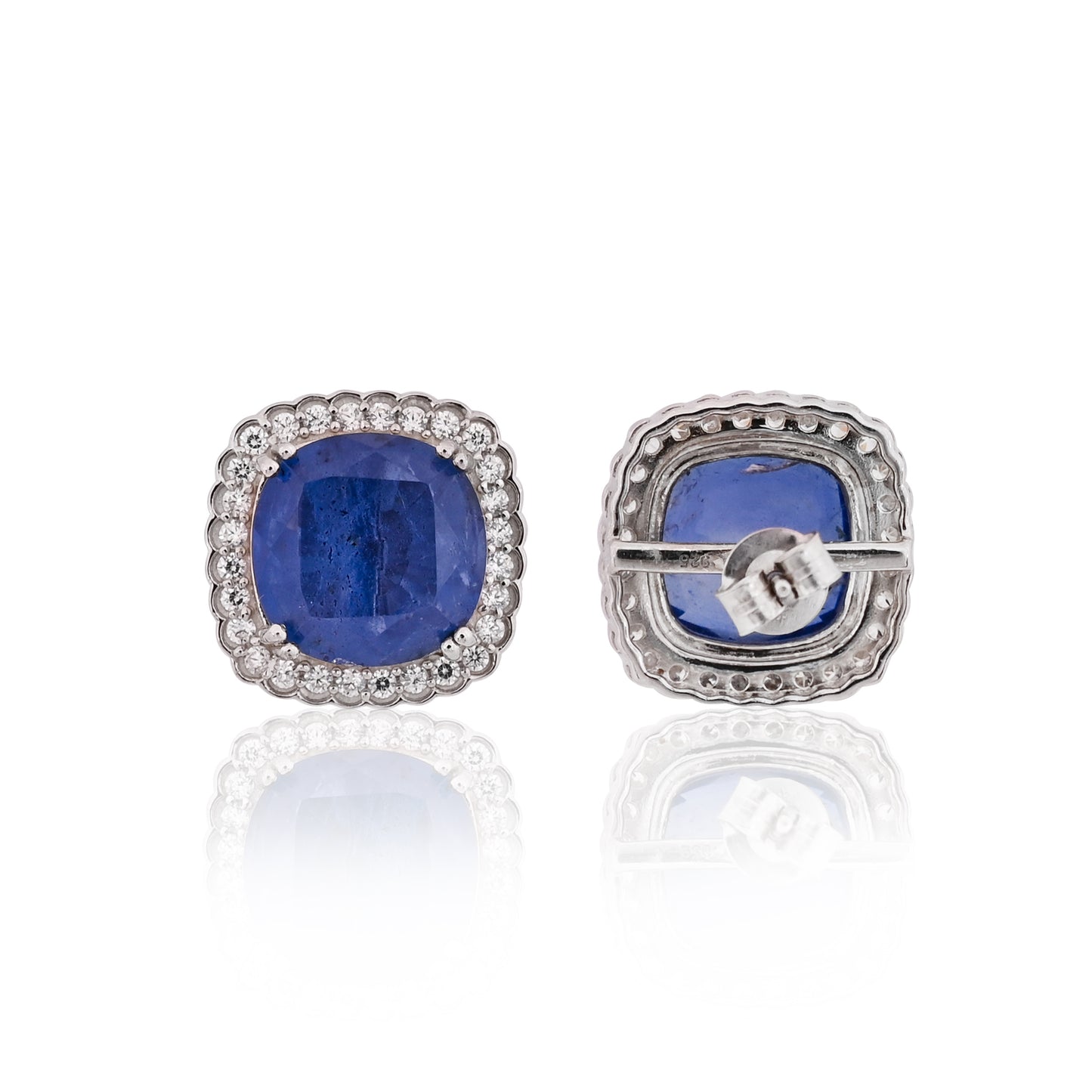 925 Sterling Silver Cushion-Cut Blue Sapphire Doublet Stud Earrings with White AAA CZ Accents – Elegant Gemstone Jewelry for Women