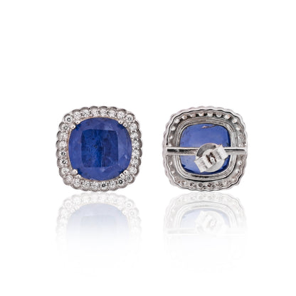 925 Sterling Silver Cushion-Cut Blue Sapphire Doublet Stud Earrings with White AAA CZ Accents – Elegant Gemstone Jewelry for Women