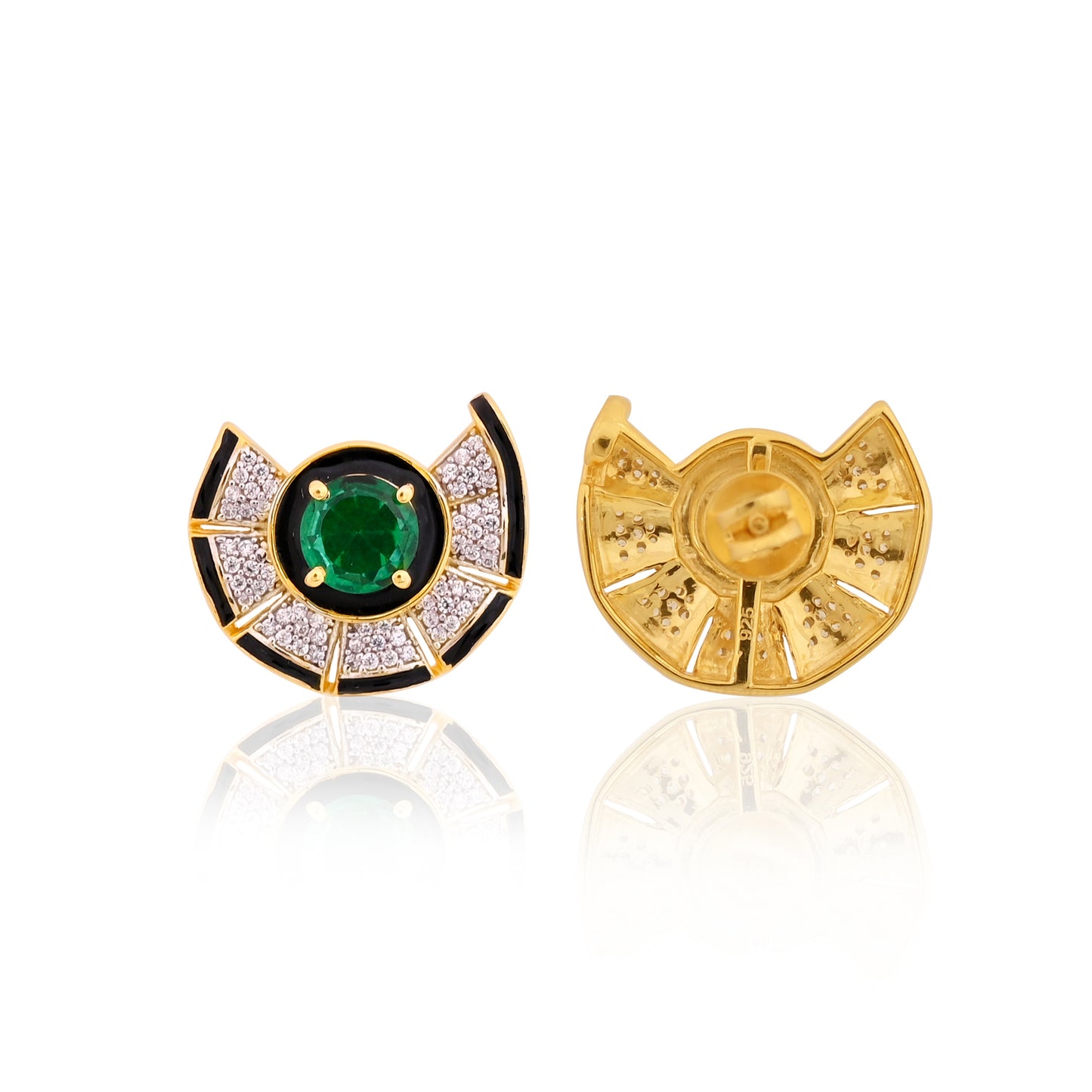 925 Silver Emerald Doublet Stud Earrings | Gold Plated Sterling Silver with CZ & Black Enamel | Art Deco Green Gemstone Jewelry