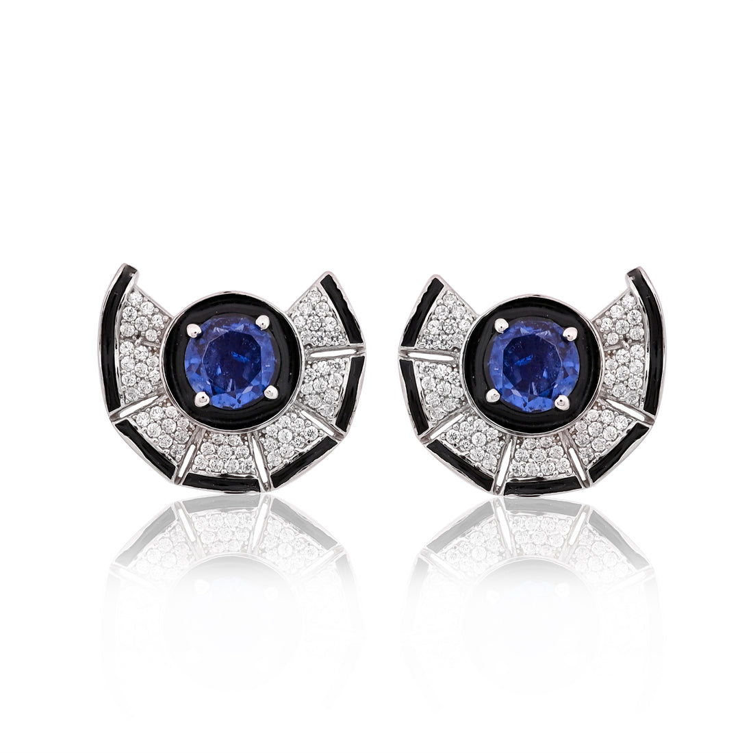 925 Silver Blue Sapphire Doublet Stud Earrings with Black Enamel & CZ Accents – Modern Art Deco Jewelry