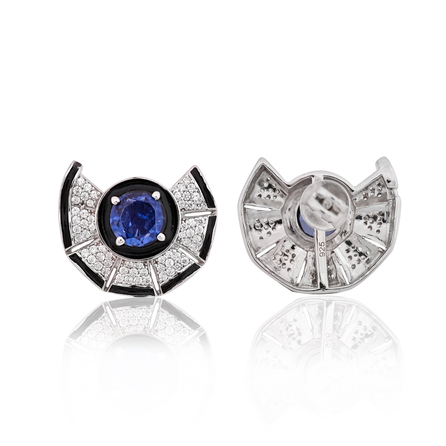 925 Silver Blue Sapphire Doublet Stud Earrings with Black Enamel & CZ Accents – Modern Art Deco Jewelry