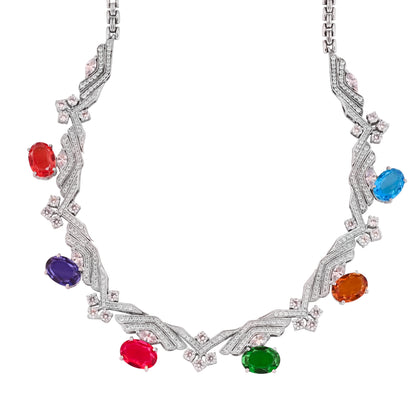 925 Silver Necklace with Multi Colour Hydro Gemstones & CZ – Statement Party Wear Jewelry