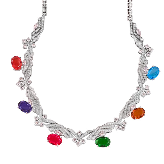 925 Silver Necklace with Multi Colour Hydro Gemstones & CZ – Statement Party Wear Jewelry