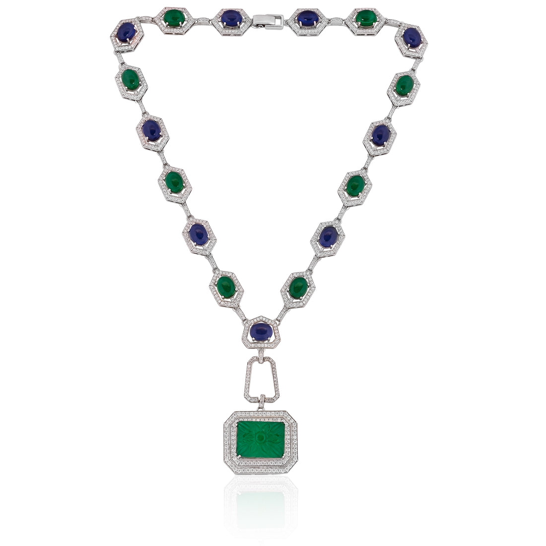 925 Silver Blue Sapphire & Emerald Doublet Necklace with CZ Accents and Carved Green Pendant – Luxury Statement Jewelry
