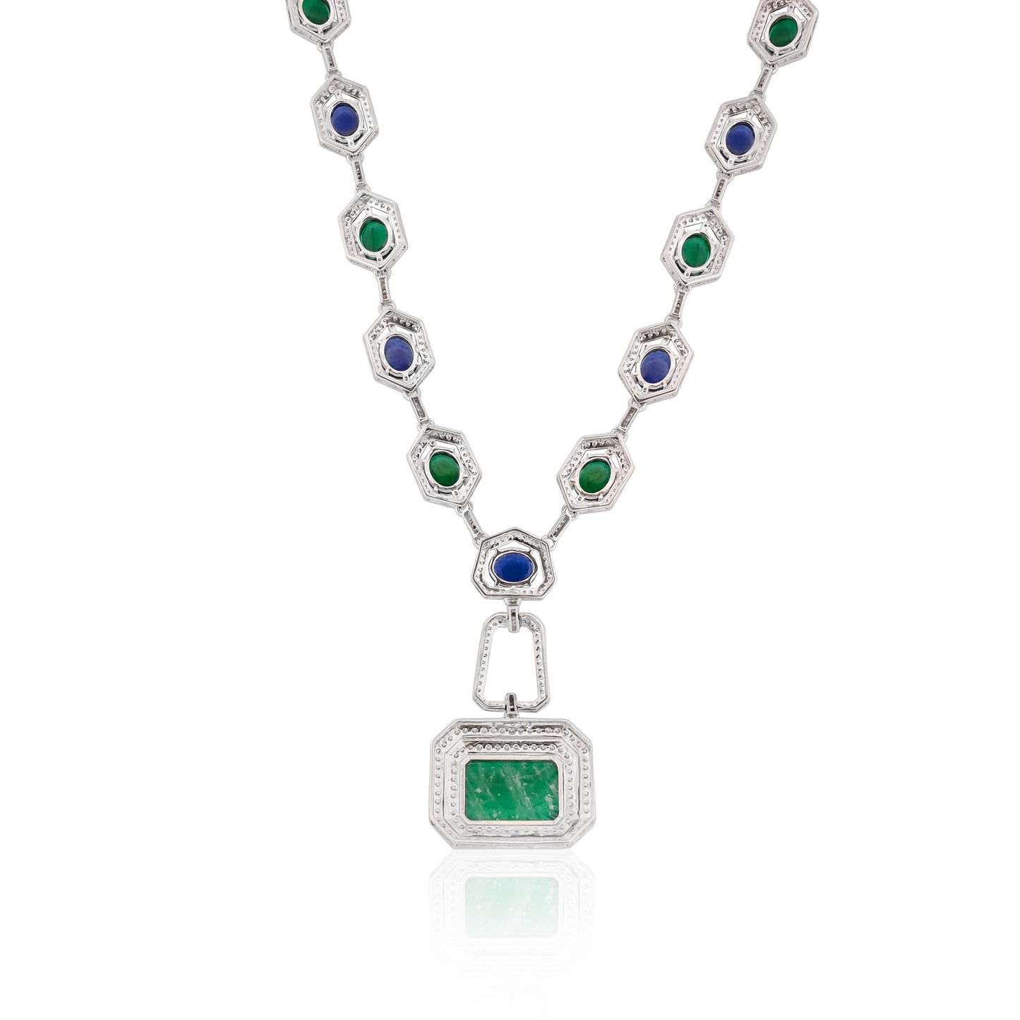 925 Silver Blue Sapphire & Emerald Doublet Necklace with CZ Accents and Carved Green Pendant – Luxury Statement Jewelry