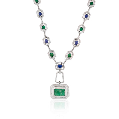 925 Silver Blue Sapphire & Emerald Doublet Necklace with CZ Accents and Carved Green Pendant – Luxury Statement Jewelry