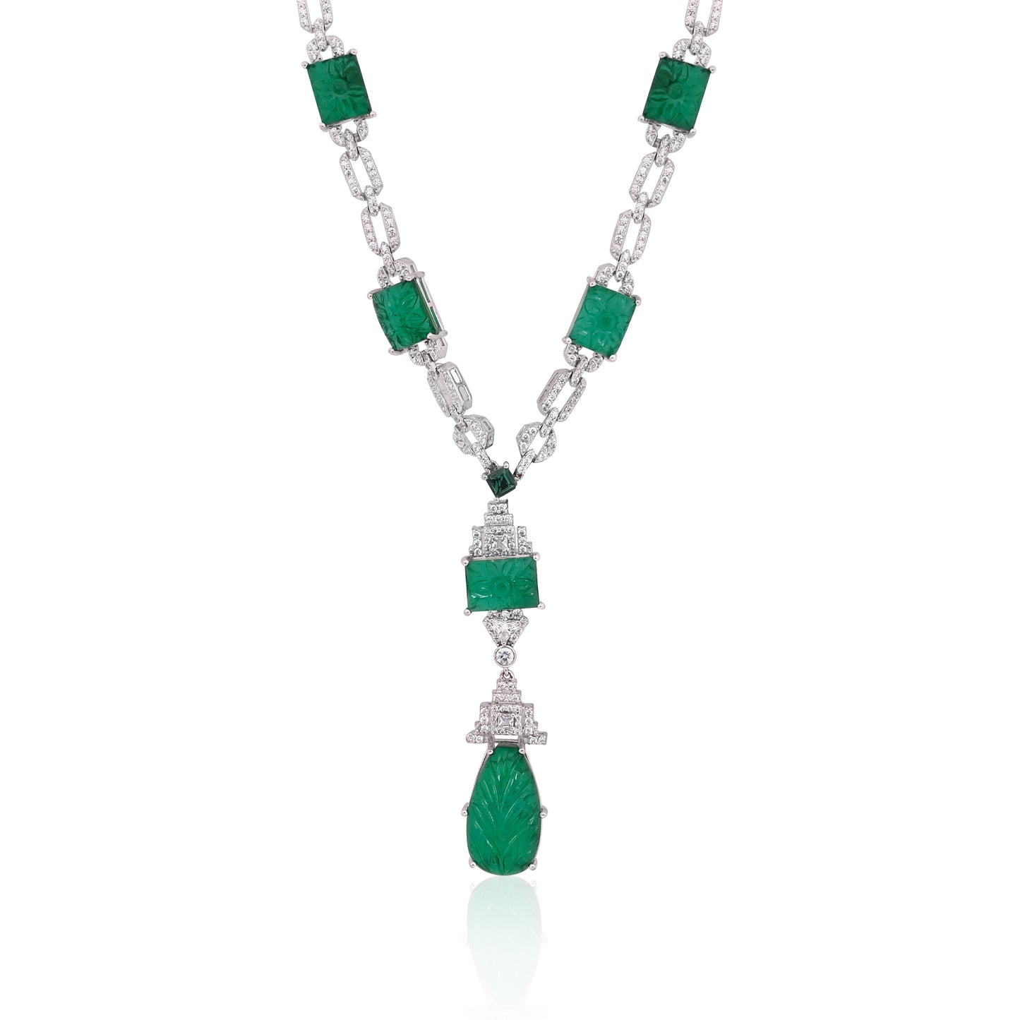 925 Silver Carved Emerald Doublet Necklace with CZ Accents – Luxury Statement Pendant Jewelry
