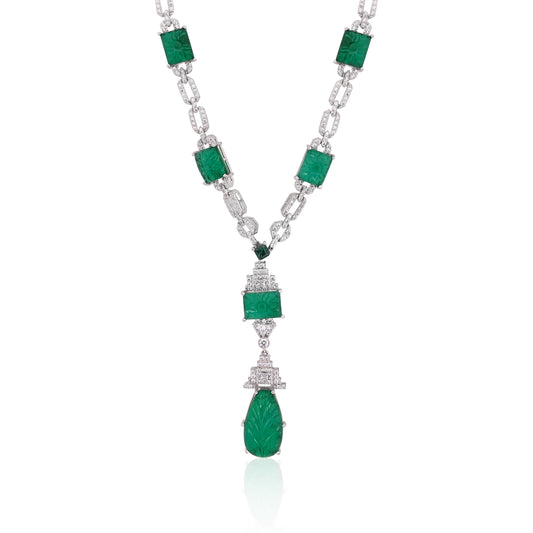925 Silver Carved Emerald Doublet Necklace with CZ Accents – Luxury Statement Pendant Jewelry