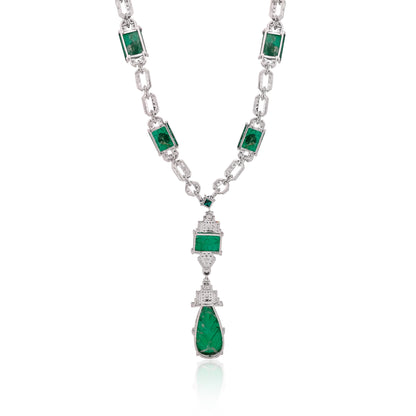 925 Silver Carved Emerald Doublet Necklace with CZ Accents – Luxury Statement Pendant Jewelry