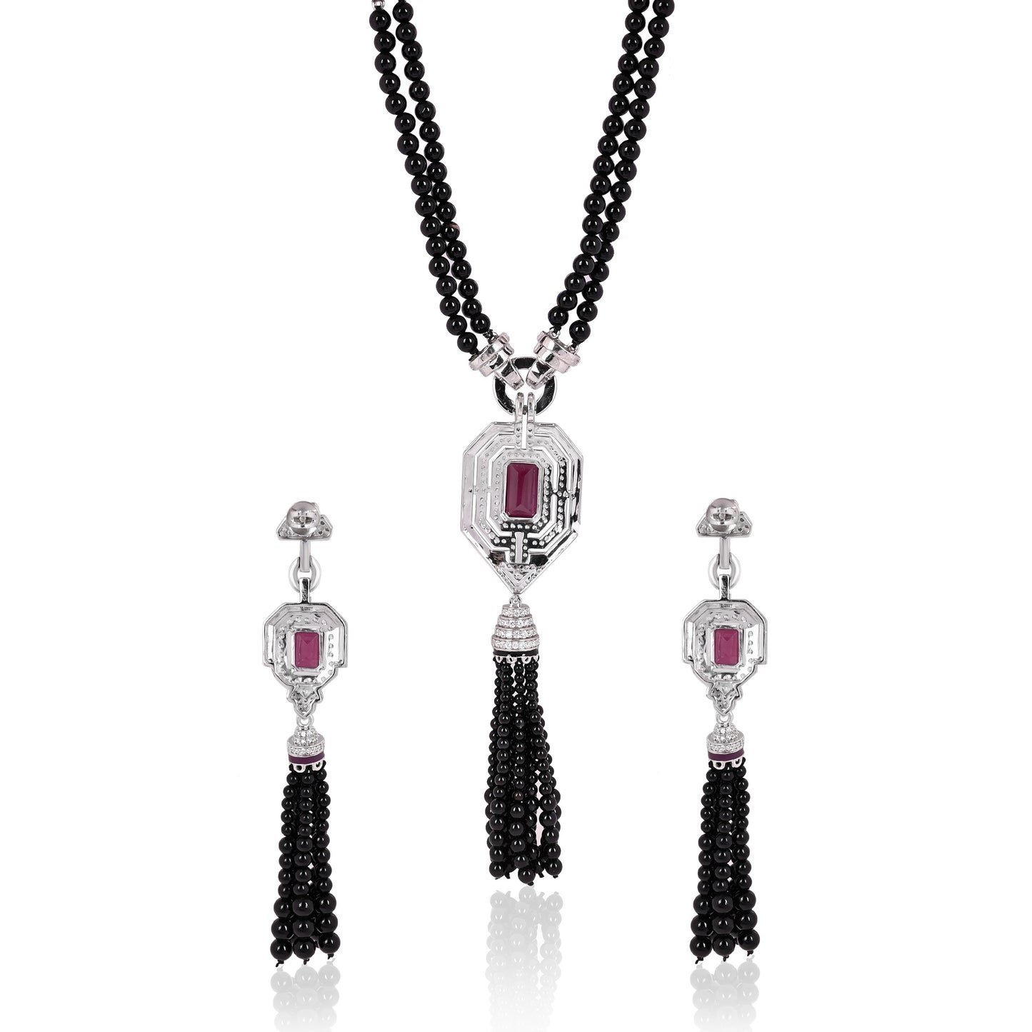 Art Deco 925 Silver Necklace & Earrings Set with Rhodolite Doublet, Enamel & Black Bead Tassels – Statement Jewelry