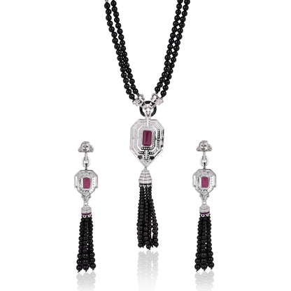 Art Deco 925 Silver Necklace & Earrings Set with Rhodolite Doublet, Enamel & Black Bead Tassels – Statement Jewelry