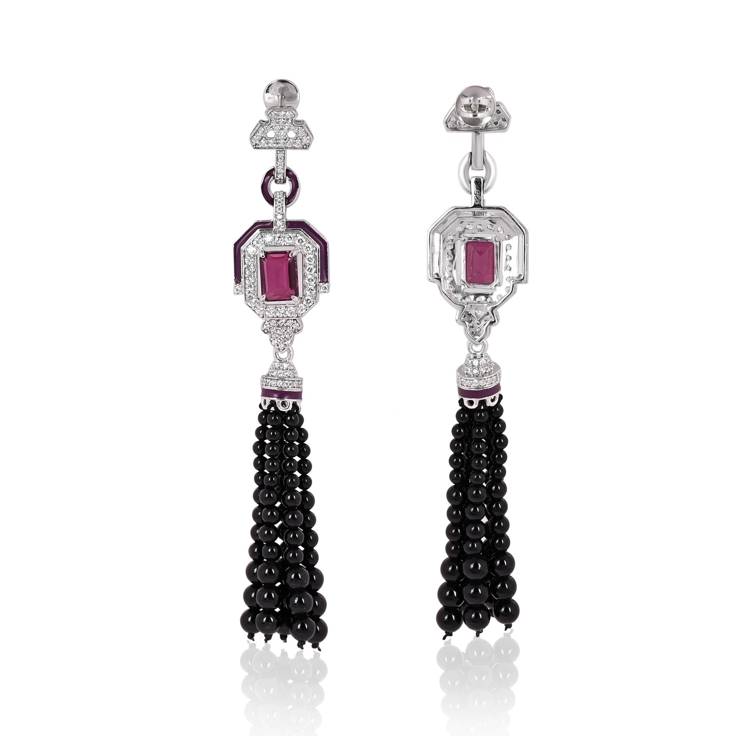 Art Deco 925 Silver Necklace & Earrings Set with Rhodolite Doublet, Enamel & Black Bead Tassels – Statement Jewelry