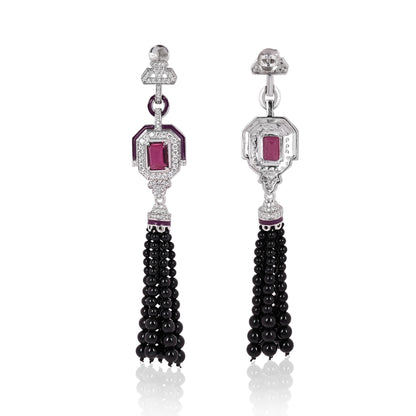 Art Deco 925 Silver Necklace & Earrings Set with Rhodolite Doublet, Enamel & Black Bead Tassels – Statement Jewelry
