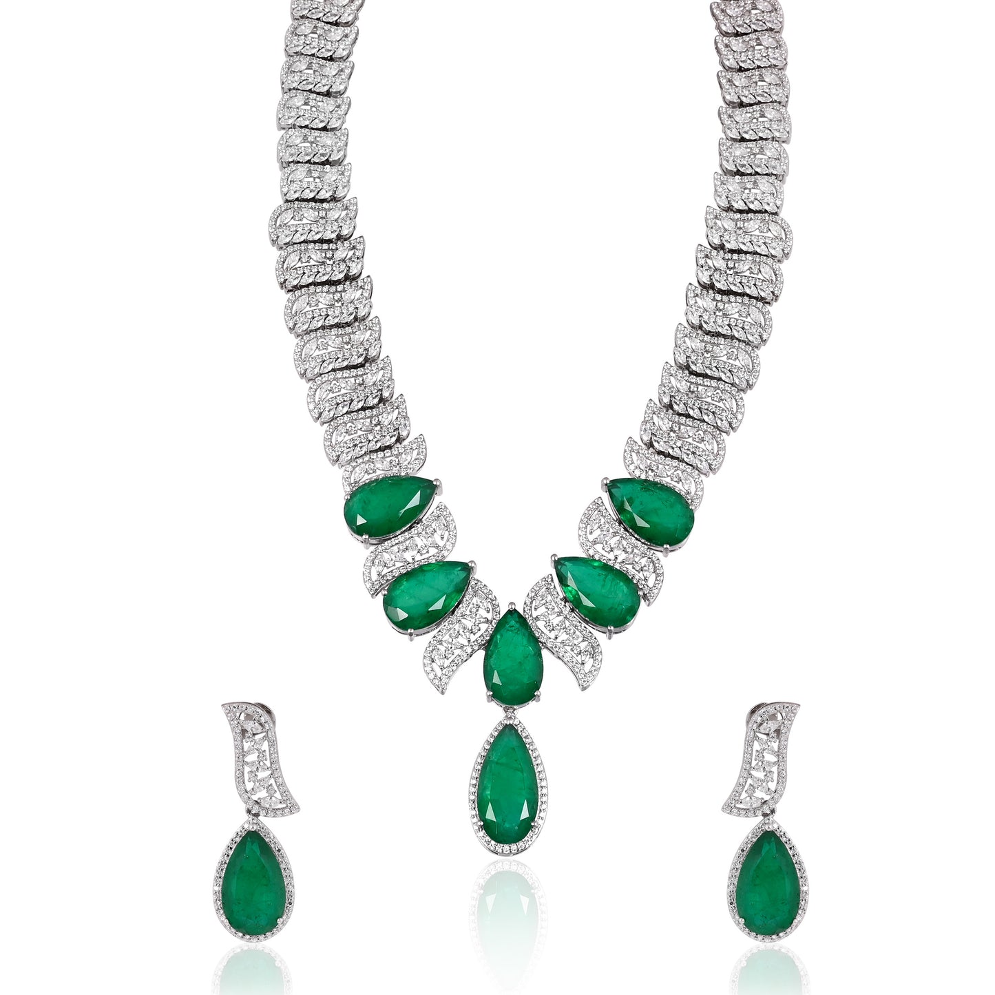 925 Silver Emerald Doublet Necklace and Earring Set with CZ Accents – Luxury Bridal Statement Jewelry