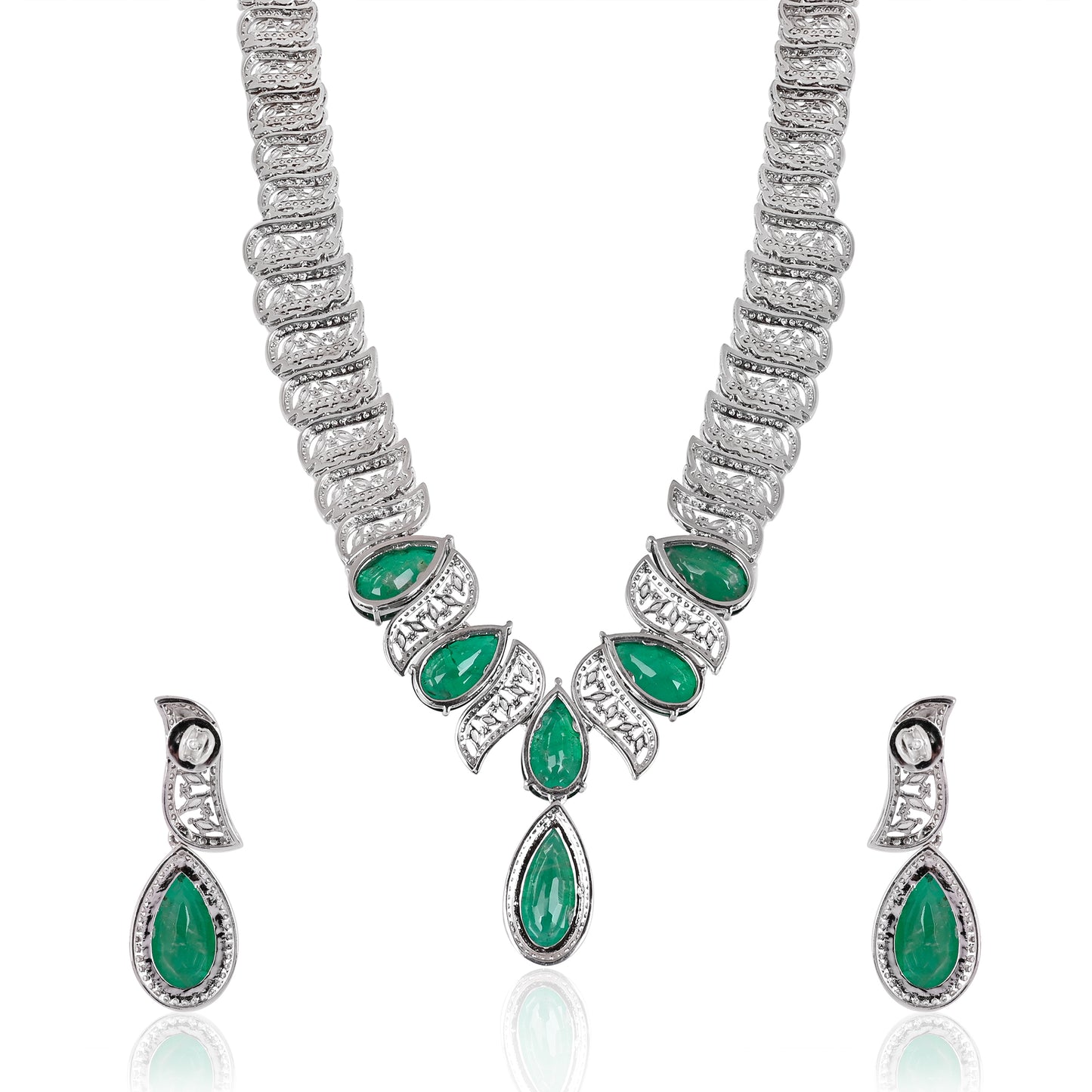 925 Silver Emerald Doublet Necklace and Earring Set with CZ Accents – Luxury Bridal Statement Jewelry