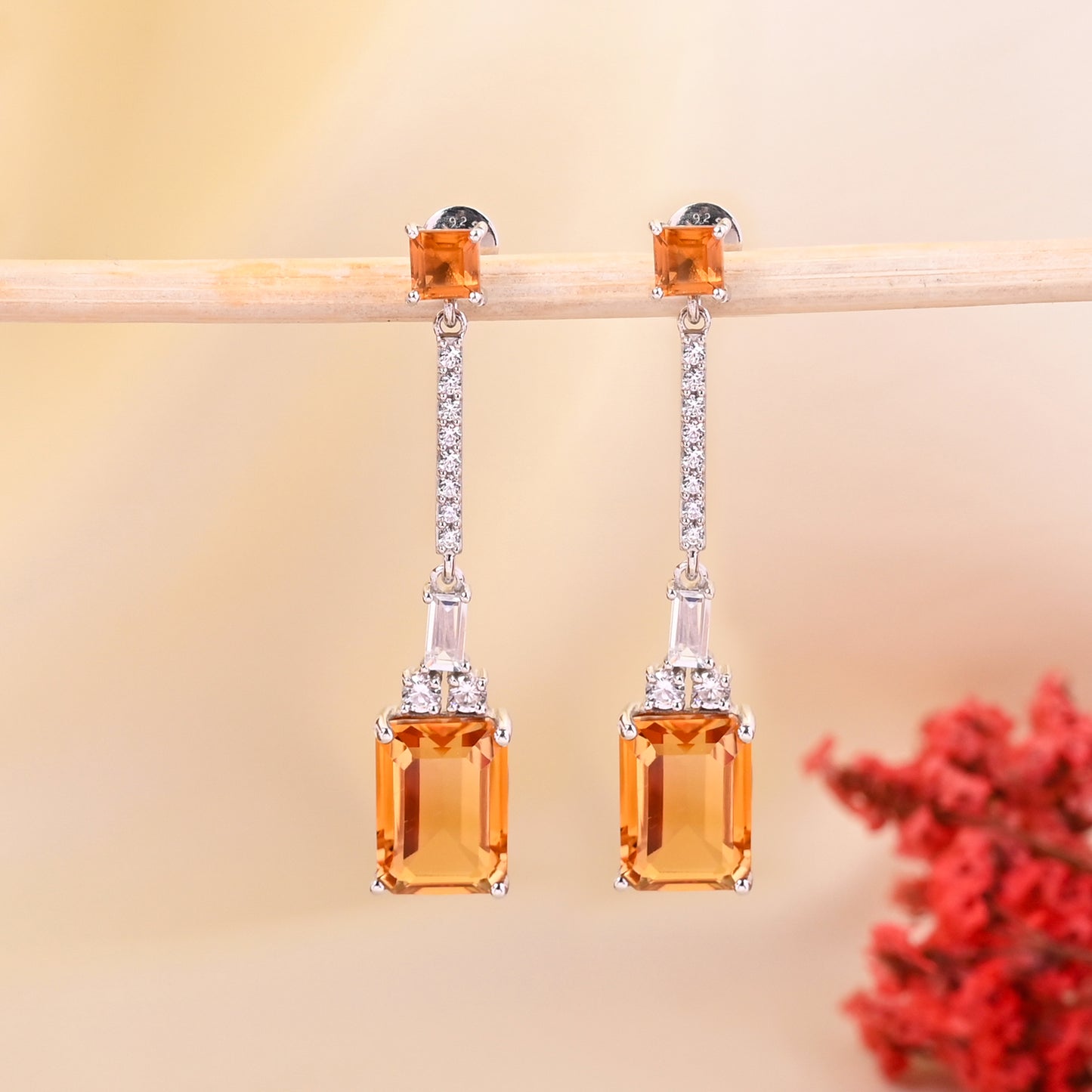 925 Silver Citrine Hydro Gemstone Drop Earrings | Elegant Long Dangle Earrings with CZ Stones | Sterling Silver Party Jewelry