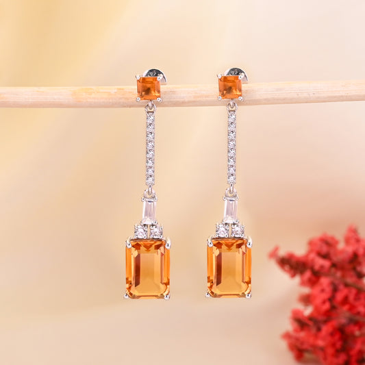 925 Silver Citrine Hydro Gemstone Drop Earrings | Elegant Long Dangle Earrings with CZ Stones | Sterling Silver Party Jewelry