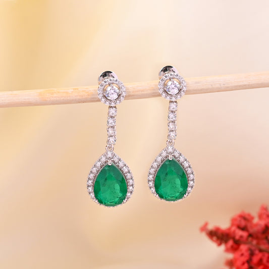 925 Silver Pear Cut Green Emerald Drop Earrings with CZ Halo | Elegant Gemstone Dangle Earrings | Fine Jewelry Gift for Women