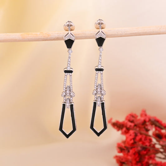 925 Silver Black Enamel & CZ Long Drop Earrings – Vintage-Inspired Statement Jewelry