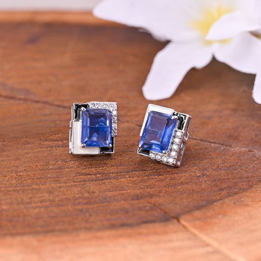 925 Silver Blue Sapphire Doublet Stud Earrings | Geometric Design with Black Enamel & CZ | Elegant Sterling Silver Gemstone Jewelry