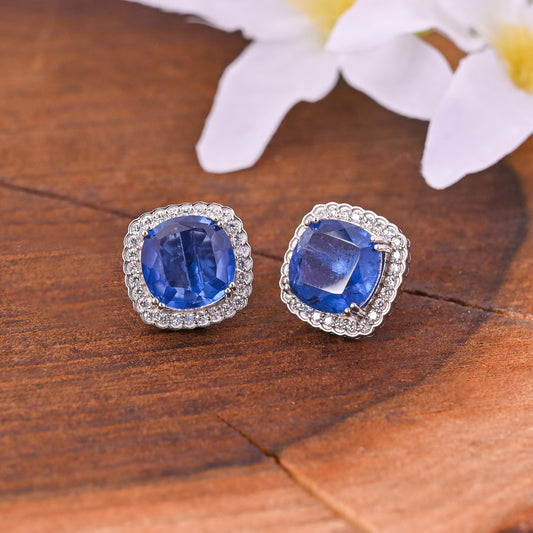 925 Sterling Silver Cushion-Cut Blue Sapphire Doublet Stud Earrings with White AAA CZ Accents – Elegant Gemstone Jewelry for Women