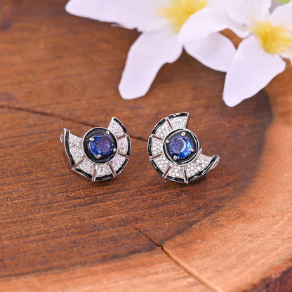 925 Silver Blue Sapphire Doublet Stud Earrings with Black Enamel & CZ Accents – Modern Art Deco Jewelry