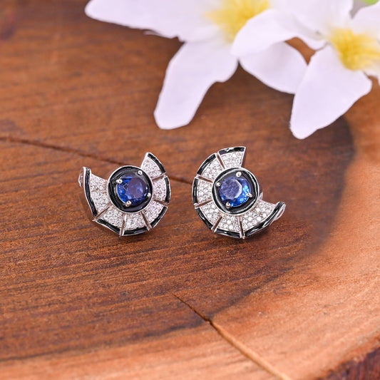 925 Silver Blue Sapphire Doublet Stud Earrings with Black Enamel & CZ Accents – Modern Art Deco Jewelry