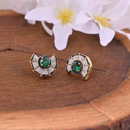 925 Silver Emerald Doublet Stud Earrings | Gold Plated Sterling Silver with CZ & Black Enamel | Art Deco Green Gemstone Jewelry