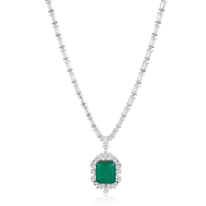925 Silver Emerald Cut Green Emerald Pendant Necklace with CZ Halo | Elegant Bridal Statement Jewelry | Fine Gift for Women