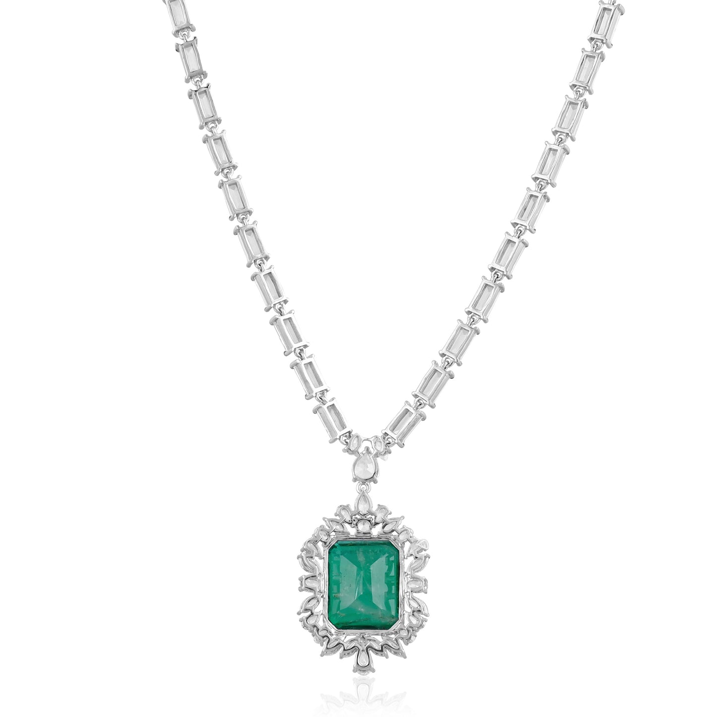 925 Silver Emerald Cut Green Emerald Pendant Necklace with CZ Halo | Elegant Bridal Statement Jewelry | Fine Gift for Women
