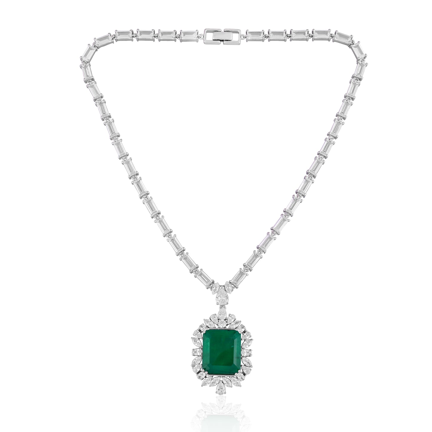 925 Silver Emerald Cut Green Emerald Pendant Necklace with CZ Halo | Elegant Bridal Statement Jewelry | Fine Gift for Women