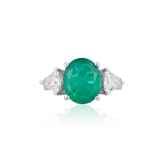 925 Silver Emerald and White CZ Three-Stone Ring | Sterling Silver Green Gemstone Engagement Ring | Elegant Statement Jewelry