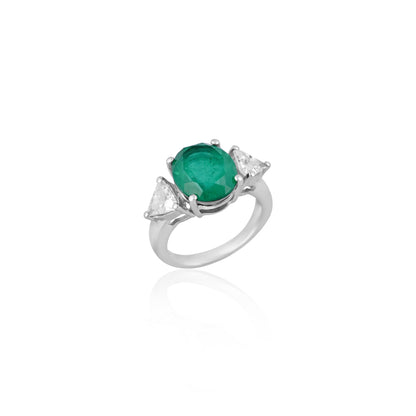 925 Silver Emerald and White CZ Three-Stone Ring | Sterling Silver Green Gemstone Engagement Ring | Elegant Statement Jewelry