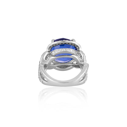 Elegant 925 Silver Ring with Blue Sapphire Doublet & CZ Halo – Statement Cocktail Jewelry