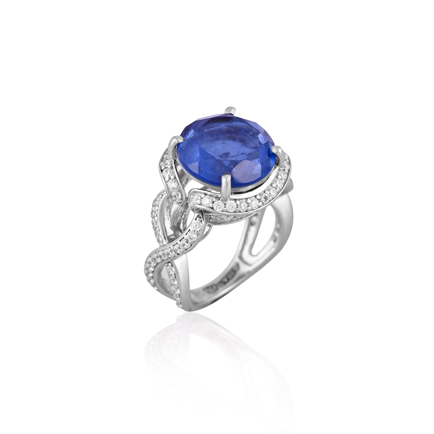 Elegant 925 Silver Ring with Blue Sapphire Doublet & CZ Halo – Statement Cocktail Jewelry