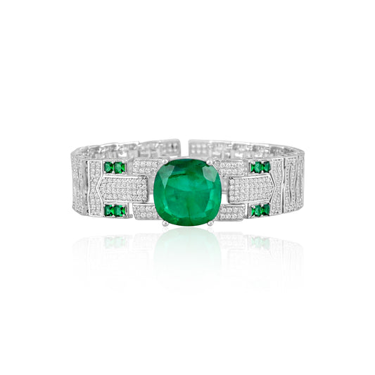 925 Silver Cushion Cut Emerald Doublet Bracelet with CZ Accents – Luxury Statement Jewelry for Women