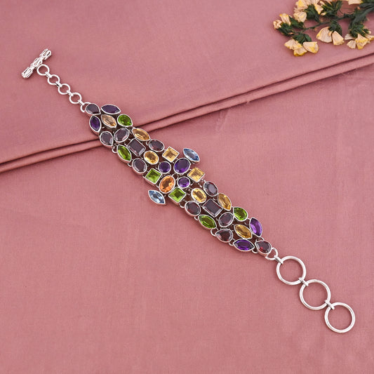 Natural Multi Gemstones 925 Sterling Silver Handmade Bracelet