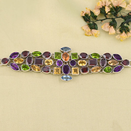 Natural Multi Gemstones 925 Sterling Silver Handmade Bracelet